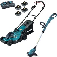 Makita 18v LXT Cordless Rotary Lawnmower and Grass Trimmer Kit 4 x 5ah Li-ion Twin or Dual Battery Charger