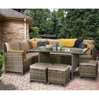 Caxias Glass Top Garden Corner Dining Set With 3 Ottomans In Brown
